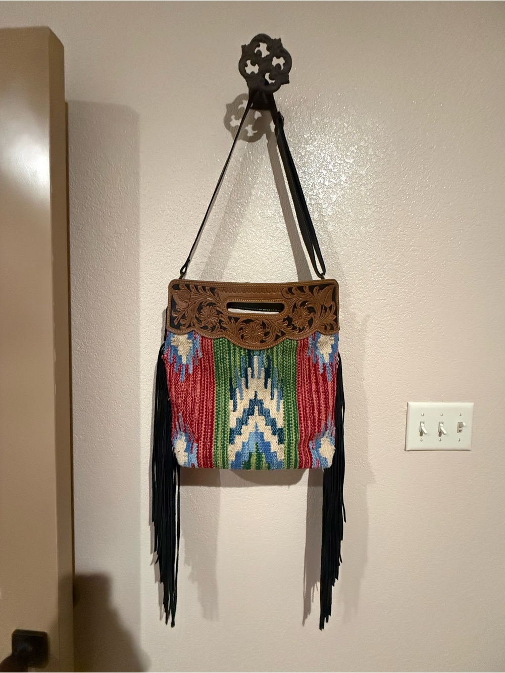Myra Western Aztec Fringe Crossbody Purse Tooled Leather Carpet Bag Boho